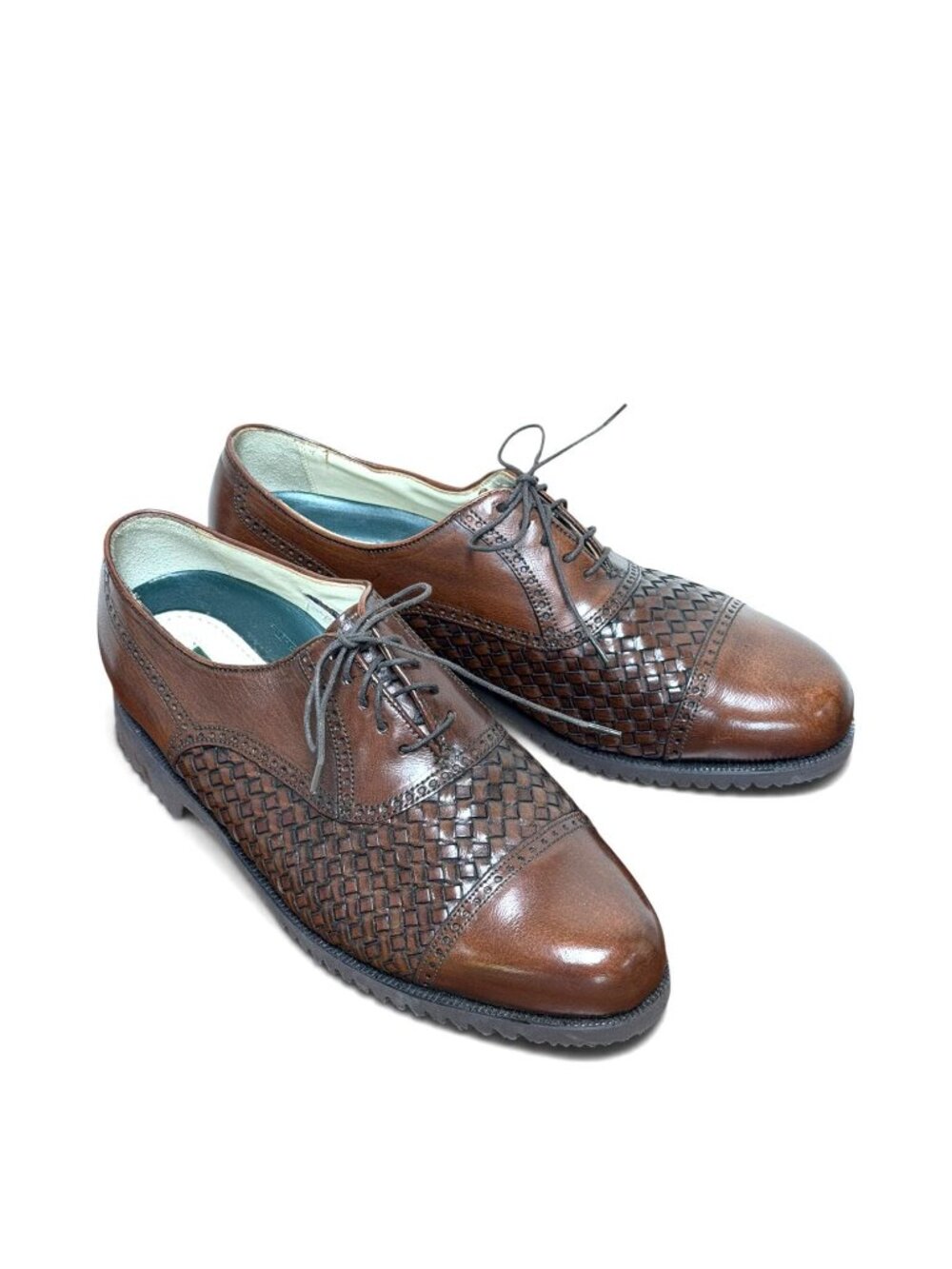 1990s Florsheim cap-toe oxford woven leather shoes Size 8 New Old Stock - Picture 2 of 6